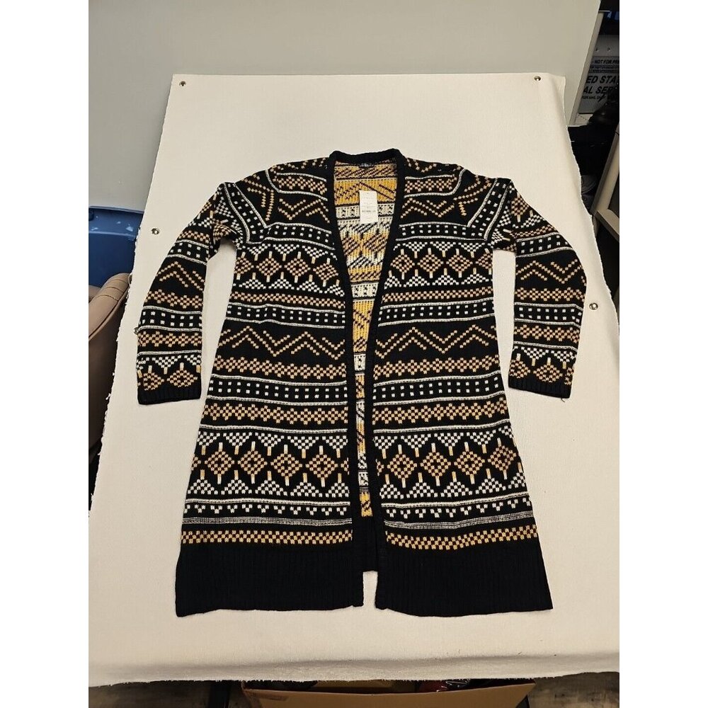 Hannah Cardigan Sweater Womens Medium Black Camel Fair Isle Open Front Longline